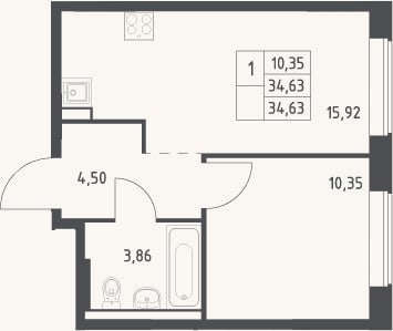Планировка: 2-к, 34,6 м²