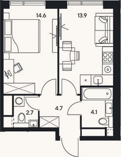 Планировка: 1-к, 40 м²