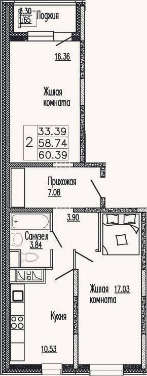 Планировка: 2-к, 60,5 м²