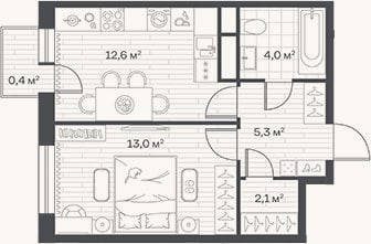 Планировка: 1-к, 37 м²