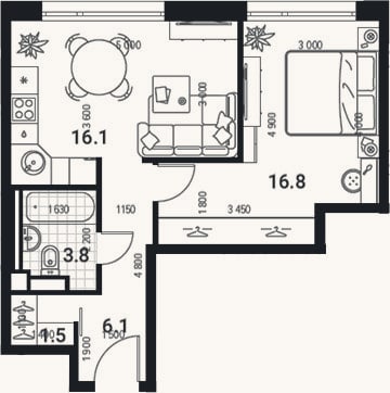 Планировка: 2-к, 43,8 м²