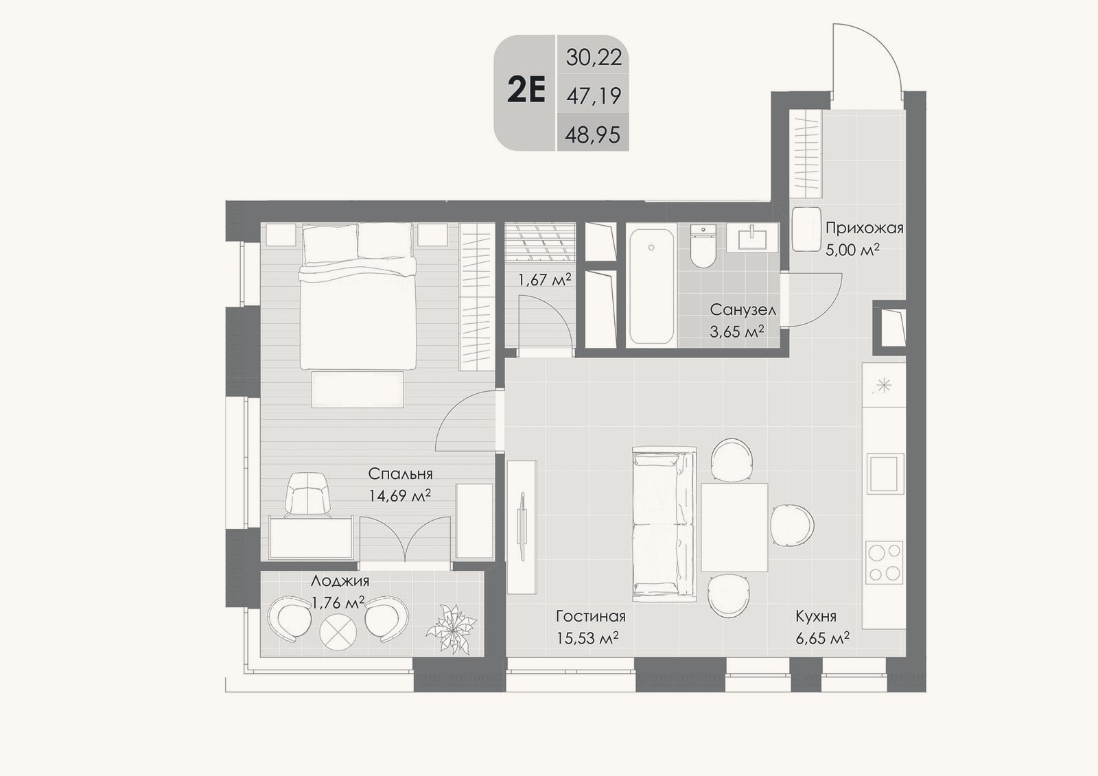 Планировка: 2-к, 47,2 м²