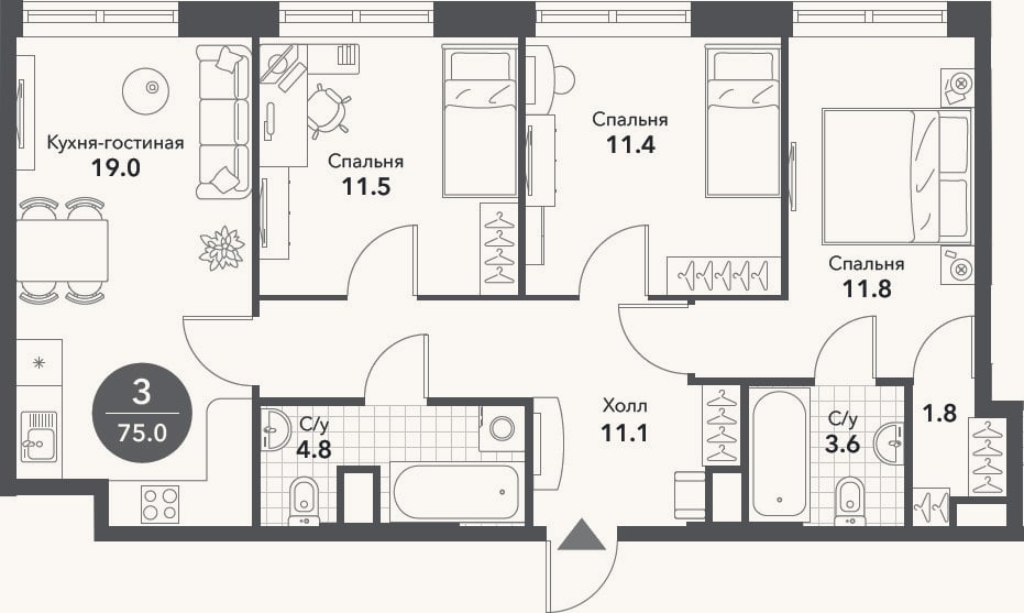 Планировка: 4+ к, 75 м²