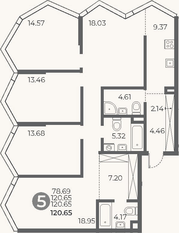 Планировка: 4+ к, 121 м²