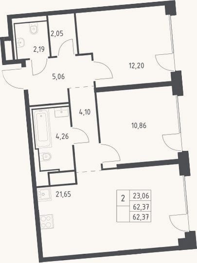 Планировка: 3-к, 62,4 м²