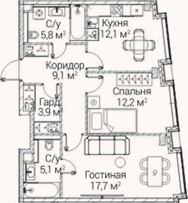 Планировка: 2-к, 65,9 м²