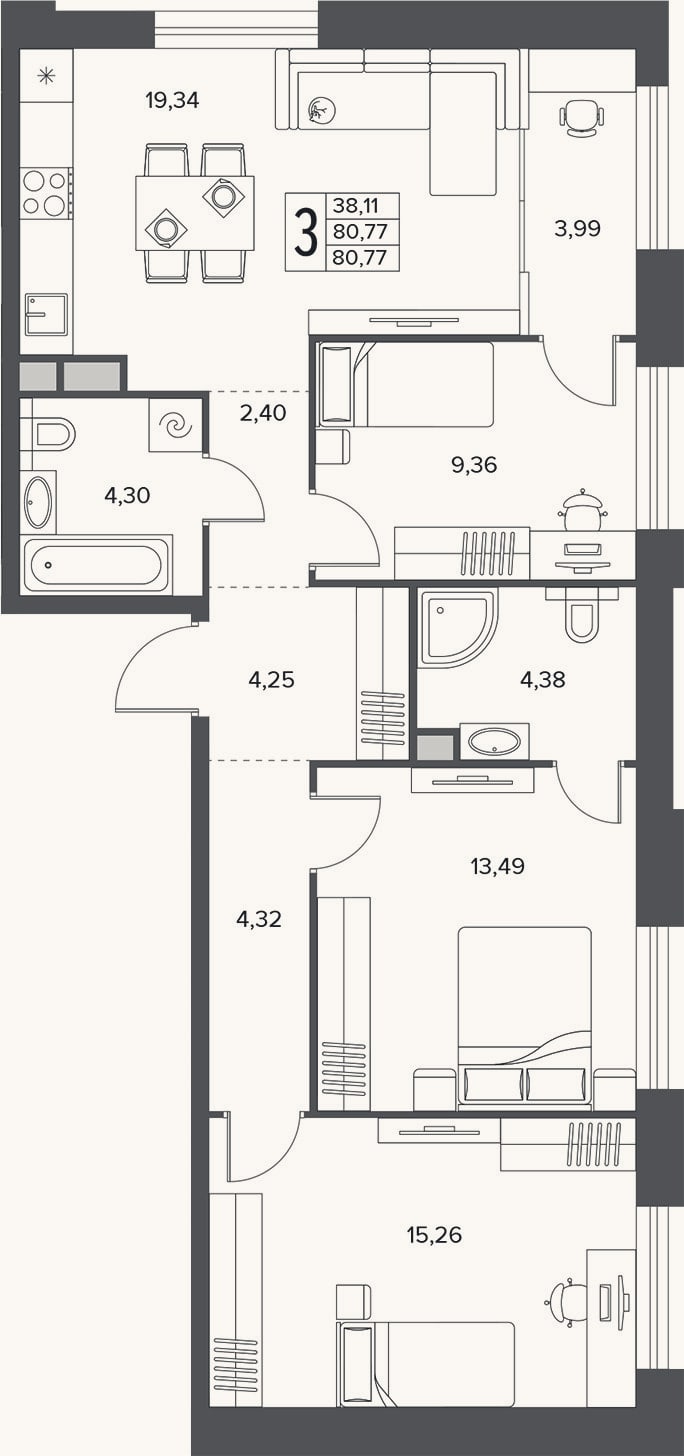 Планировка: 4+ к, 80,8 м²
