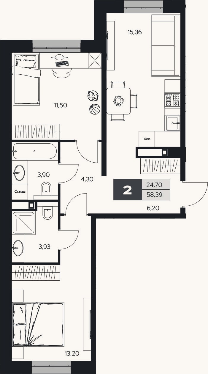 Планировка: 2-к, 58,4 м²