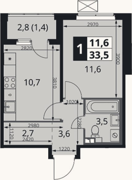 Планировка: 1-к, 32,1 м²