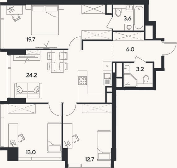 Планировка: 4+ к, 82,4 м²