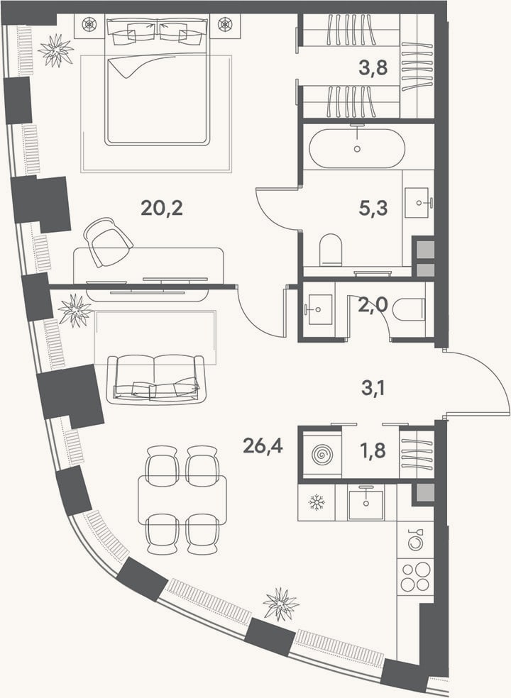 Планировка: 2-к, 62,6 м²