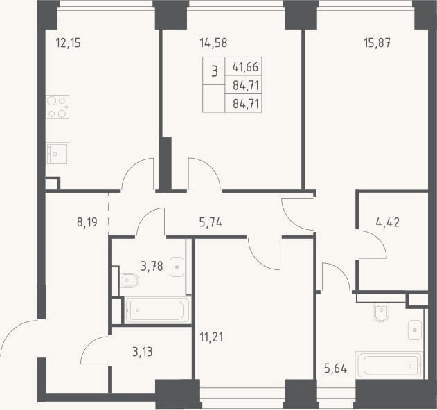Планировка: 3-к, 84,7 м²