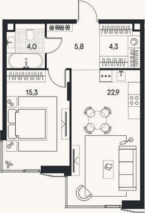 Планировка: 2-к, 52,3 м²