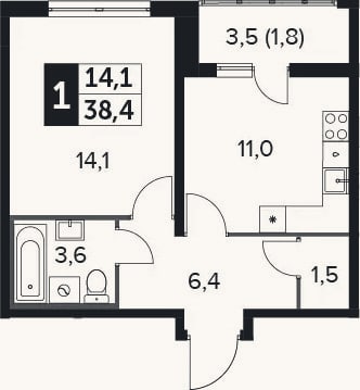 Планировка: 1-к, 36,6 м²