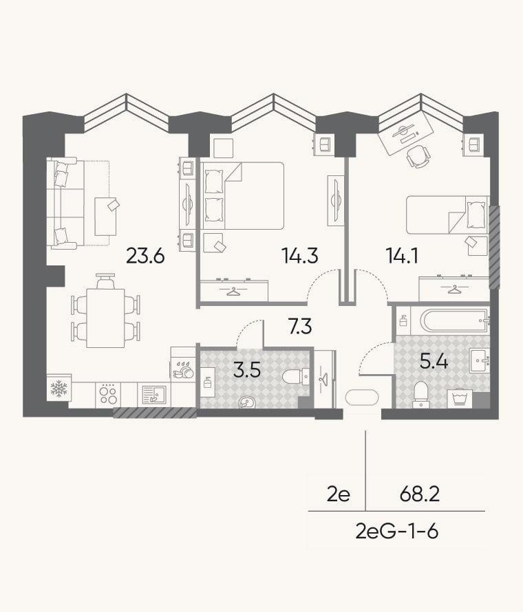 Планировка: 3-к, 68,2 м²