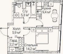 Планировка: 1-к, 37,7 м²