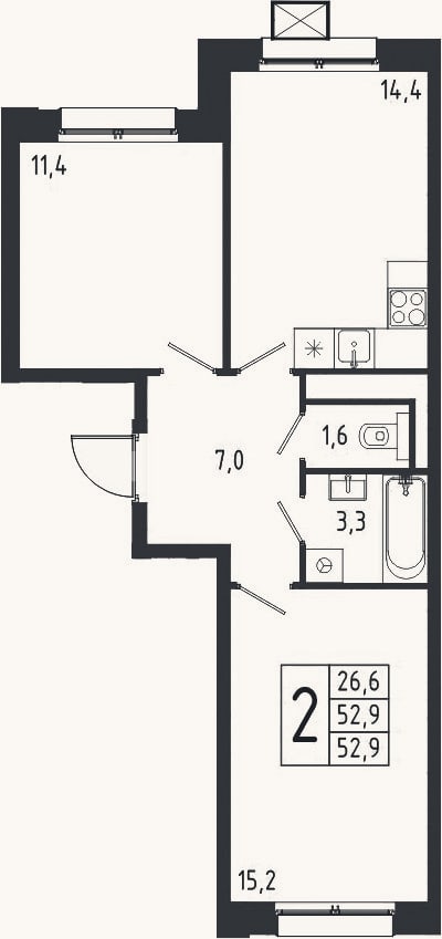Планировка: 2-к, 52,9 м²