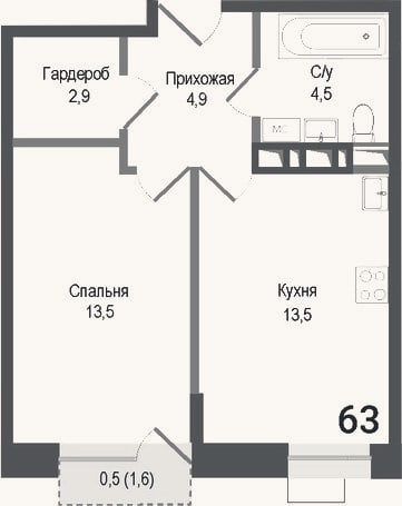 Планировка: 1-к, 39,3 м²