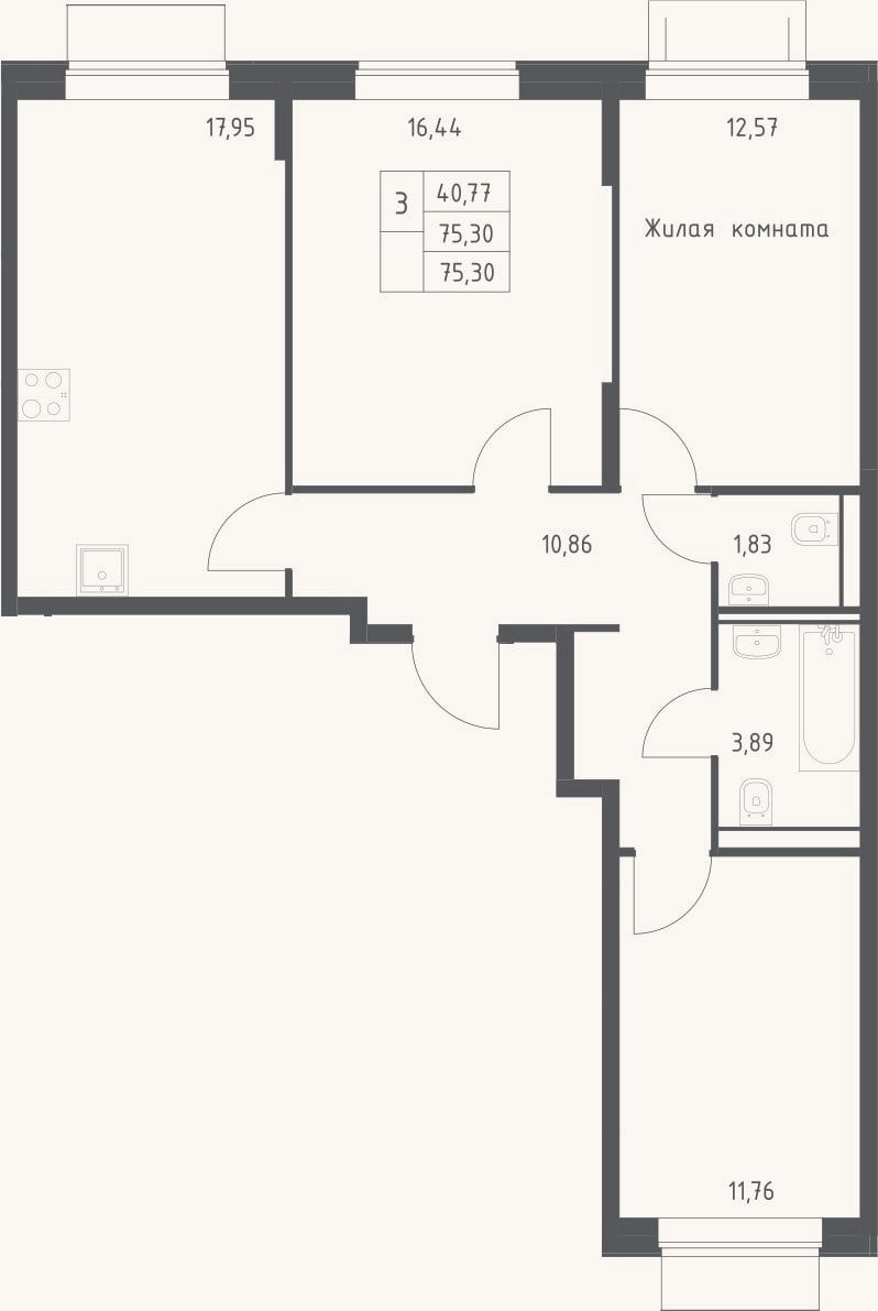 Планировка: 3-к, 75,3 м²