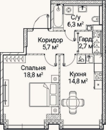 Планировка: 1-к, 48,3 м²