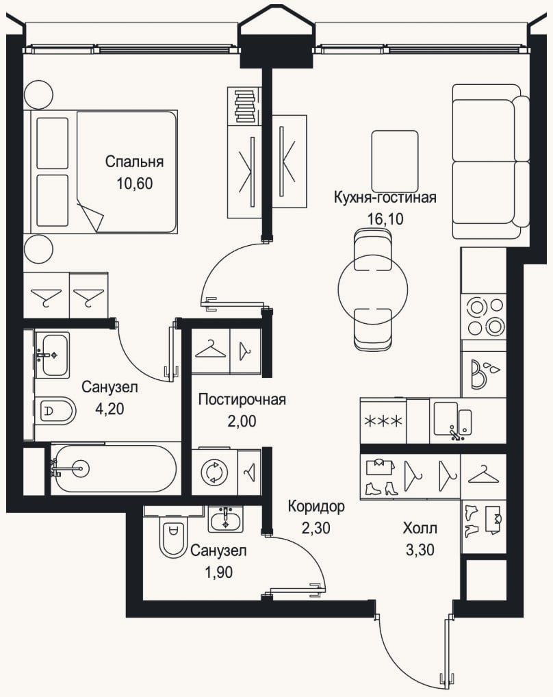 Планировка: 2-к, 40,4 м²