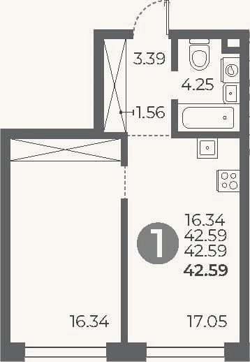 Планировка: 1-к, 42,6 м²