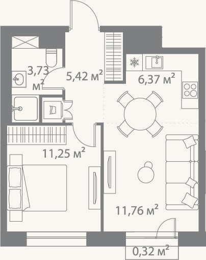 Планировка: 2-к, 38,5 м²