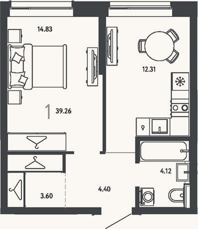 Планировка: 1-к, 39,3 м²