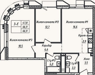 Планировка: 3-к, 66,9 м²