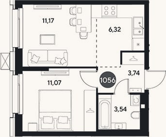 Планировка: 2-к, 35,8 м²