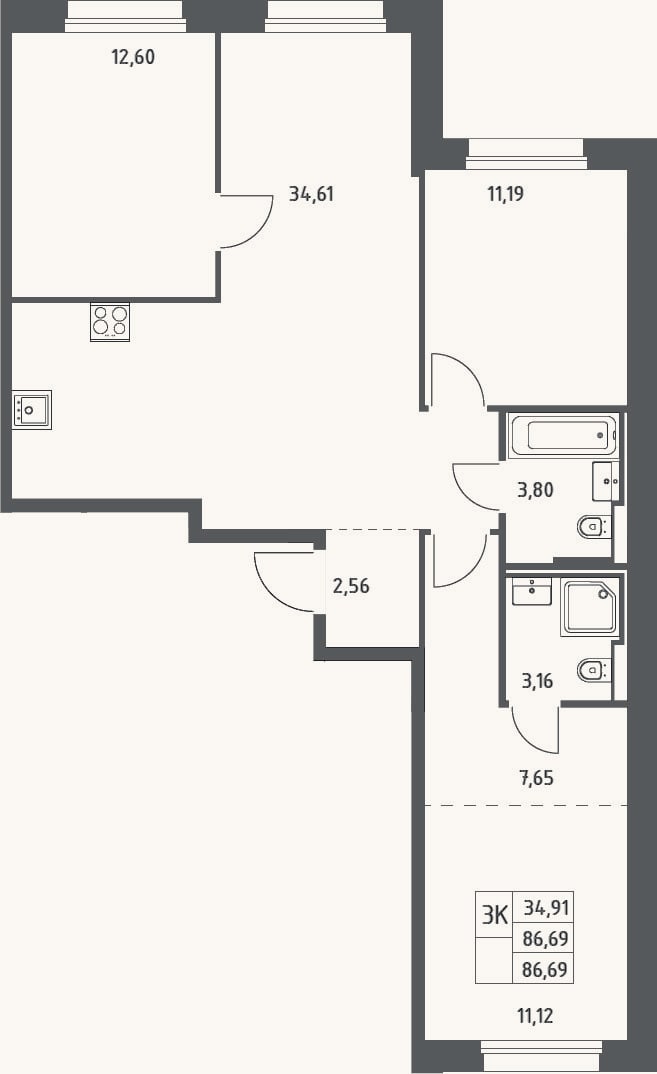 Планировка: 3-к, 86,7 м²