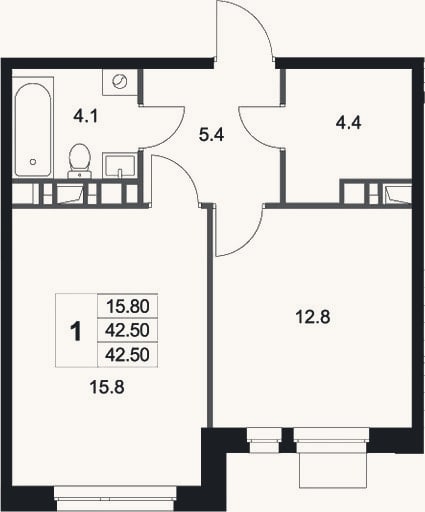 Планировка: 1-к, 42,5 м²