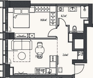 Планировка: 2-к, 47 м²