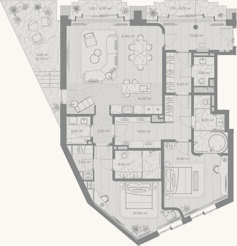 Планировка: 2-к, 142,2 м²