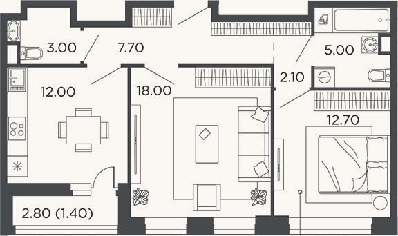 Планировка: 2-к, 60,5 м²