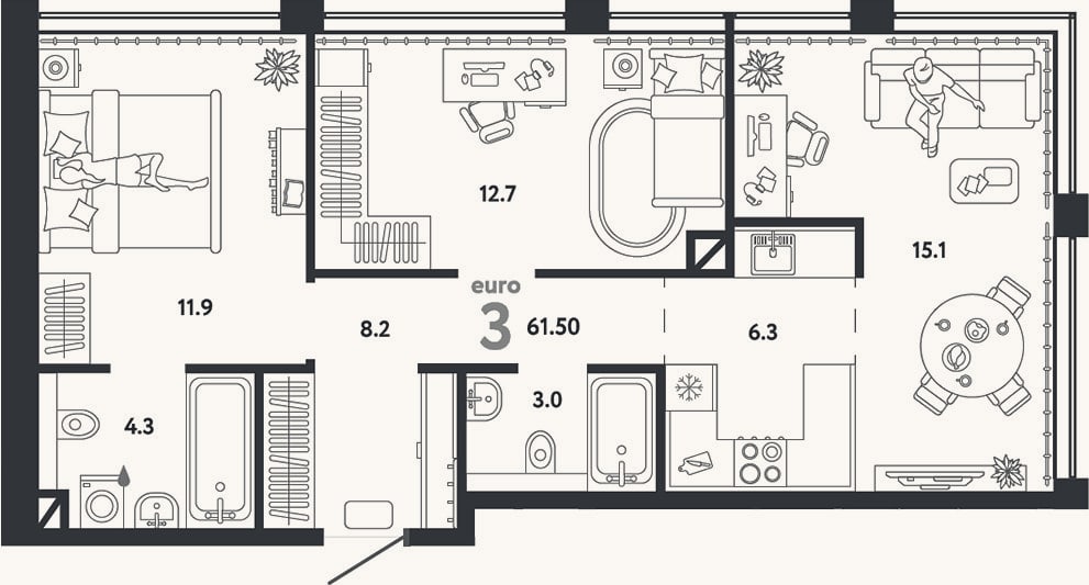 Планировка: 3-к, 61,5 м²