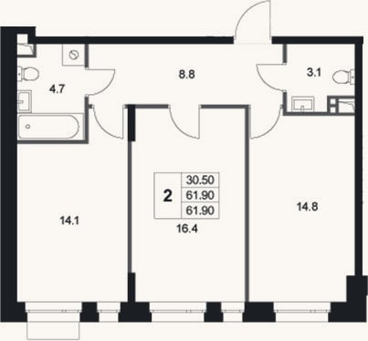Планировка: 2-к, 61,9 м²