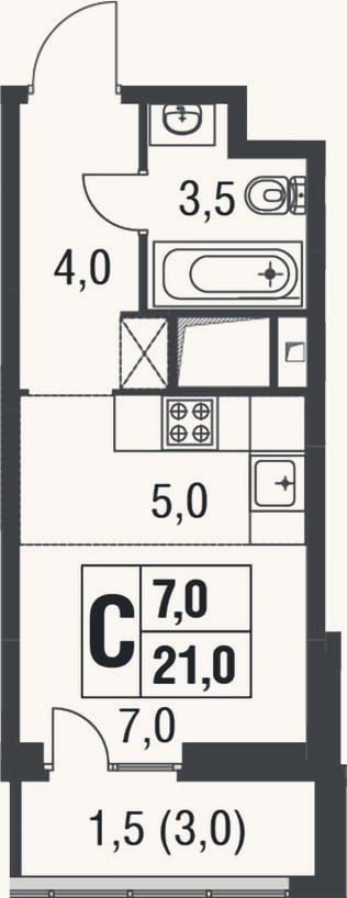 Планировка: Студия, 19,5 м²