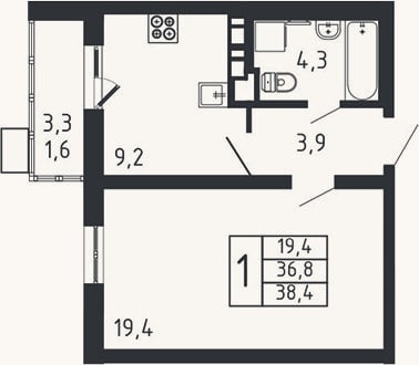 Планировка: 1-к, 36,8 м²
