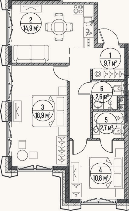 Планировка: 2-к, 59,6 м²