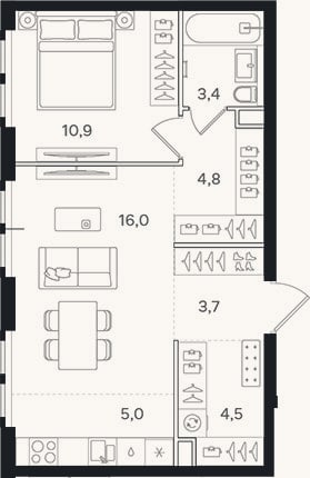 Планировка: 2-к, 48,3 м²