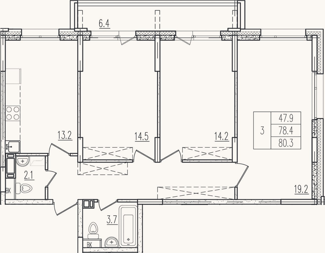 Планировка: 3-к, 78,5 м²