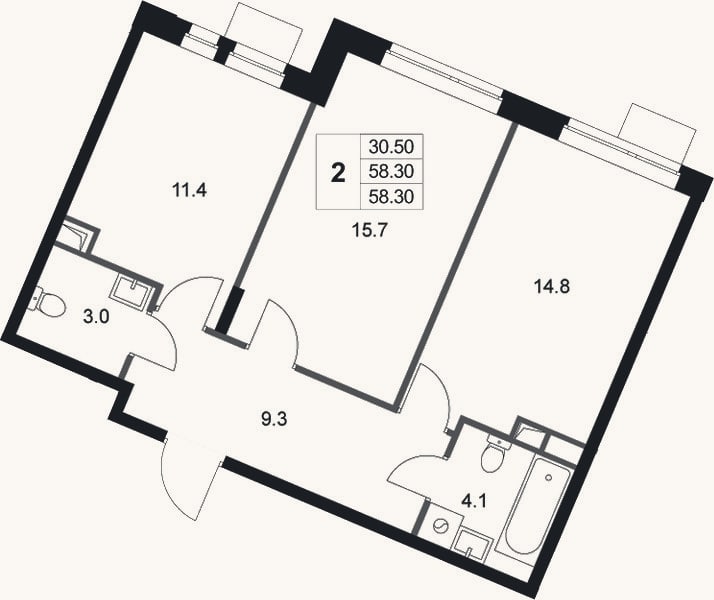 Планировка: 2-к, 58,3 м²