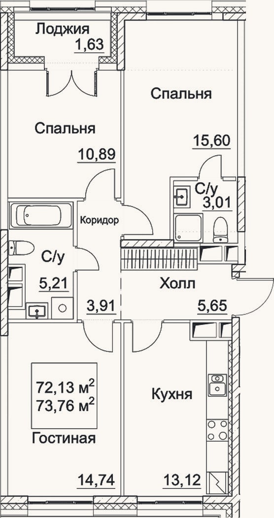 Планировка: 3-к, 72,1 м²