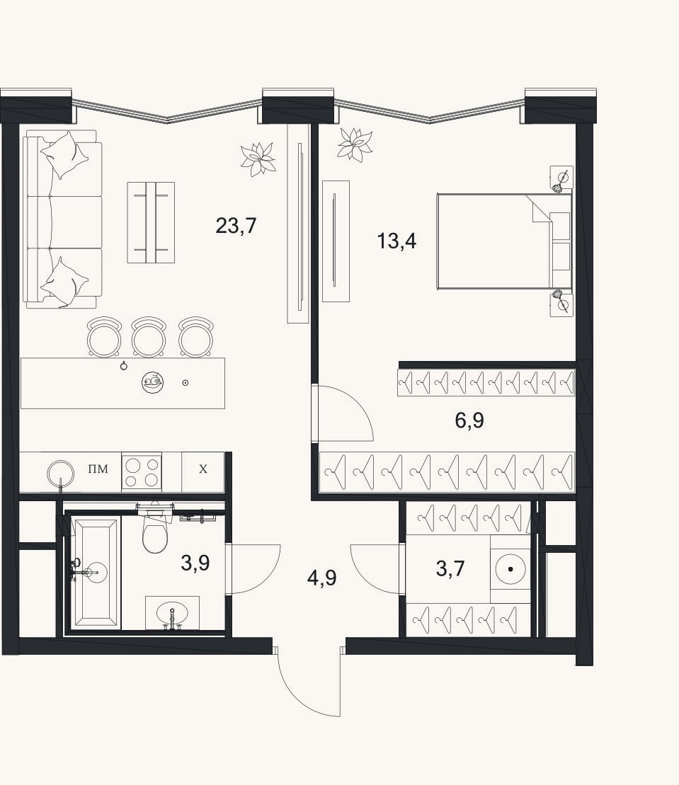 Планировка: 2-к, 56,5 м²