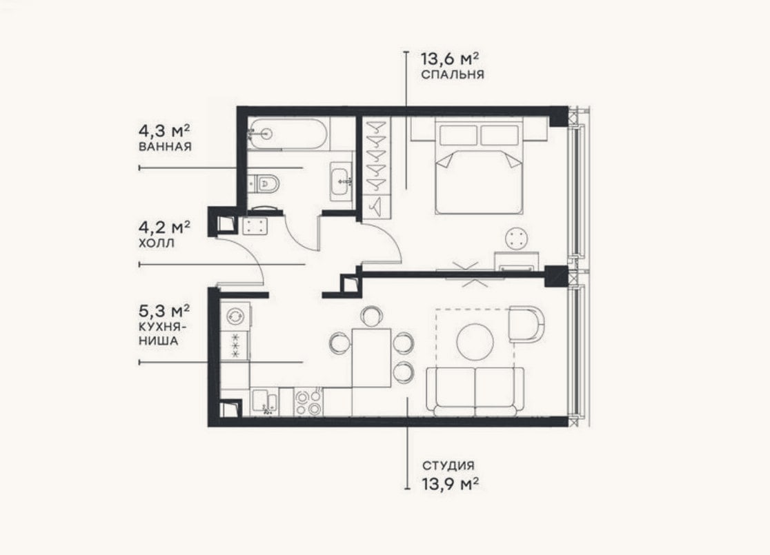 Планировка: 2-к, 41,2 м²