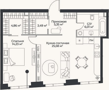 Планировка: 2-к, 59,5 м²