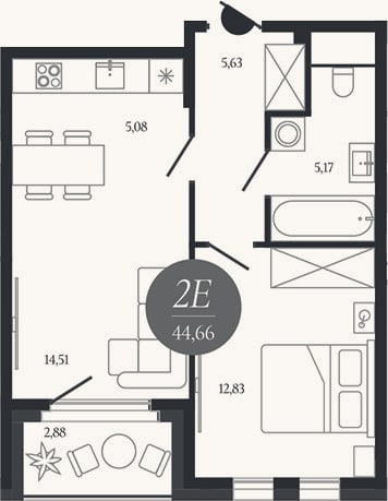 Планировка: 2-к, 43,2 м²