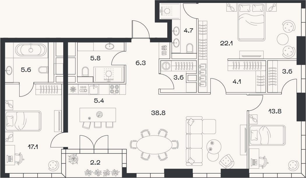 Планировка: 4+ к, 131 м²