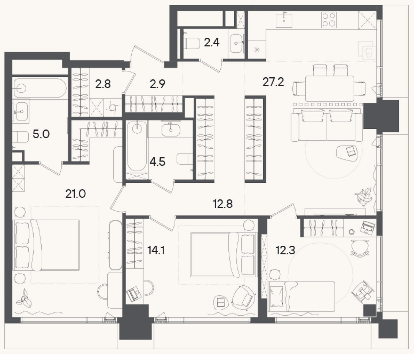 Планировка: 4+ к, 105 м²